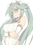  1girl blade_(galaxist) blush breasts bust detached_sleeves green_eyes green_hair hair_ribbon isuzu_(kantai_collection) kantai_collection large_breasts long_hair looking_at_viewer personification ribbon school_uniform serafuku simple_background solo twintails white_background 