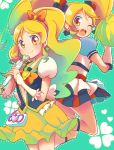  2girls alternate_form blonde_hair blue_skirt bow chobota cure_honey dual_persona hair_bow happinesscharge_precure! heart long_hair looking_at_viewer looking_back magical_girl multiple_girls oomori_yuuko open_mouth pom_poms popcorn_cheer precure skirt smile twintails wink yellow_eyes yellow_skirt 