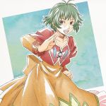  1girl :d blue_background brown_eyes choker cropped_jacket dress farah_oersted fighting_stance green_hair mishiro_(andante) open_mouth orange_dress short_hair smile solo tales_of_(series) tales_of_eternia 