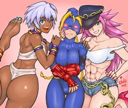  3girls abs ahoge armband ass barefoot bikini blonde_hair blue_eyes blue_legwear blush braid crop_top cuffs cutoffs dark_skin decapre denim denim_shorts earrings elena embarrassed fingerless_gloves garrison_cap gloves green_eyes grin handcuffs hands_on_shoulders hat high_heels highres hoop_earrings hori_shin huge_ahoge jewelry leotard lipstick long_hair makeup mask multiple_girls nail_polish neck_ring pantyhose peaked_cap pink_hair poison_(final_fight) ribbed_leotard short_hair shorts shoulder_pads silver_hair smile street_fighter swimsuit tank_top thigh_gap thong toenail_polish twin_braids ultra_street_fighter_iv wink 