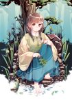 1girl barefoot brown_eyes brown_hair feet_in_water hair_ornament hairclip highres japanese_clothes long_hair original pvmivs sitting skirt smile soaking_feet solo tree twintails water 