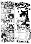  3girls 4koma absurdres adapted_costume afro alternate_hairstyle animal_ears book braid comic crying grass hair_ribbon hands_on_own_face hat head_fins highres imaizumi_kagerou japanese_clothes kirisame_marisa kouji_oota long_hair mirror monochrome multiple_girls ribbon sash short_hair side_braid smile tears touhou translation_request tress_ribbon wakasagihime witch_hat 