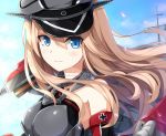  1girl bismarck_(kantai_collection) blonde_hair blue_eyes breasts hat kantai_collection long_hair military military_hat military_uniform nikkunemu personification solo uniform 