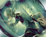  1boy artist_request bubble dutch_angle glass headphones highres kagerou_project konoha_(kagerou_project) long_sleeves outstretched_hand oxygen_mask ponytail pov red_eyes short_hair tube water white_hair 