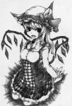  1girl absurdres animal_ears cat_ears cat_tail dress flandre_scarlet greyscale hat highres kei monochrome open_mouth ribbon small_breasts smile solo tail touhou traditional_media wings 