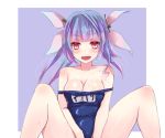 1girl blue_hair breasts hair_ribbon i-19_(kantai_collection) kantai_collection kay_(utd) long_hair open_mouth personification red_eyes ribbon school_swimsuit solo strap_slip swimsuit twintails 