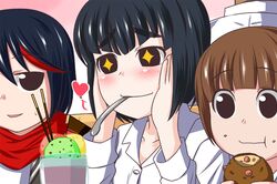  +_+ black_hair blush bob_cut brown_hair eating gamagoori_ira hands_on_own_face heart kill_la_kill kiryuuin_satsuki mankanshoku_mako matoi_ryuuko multicolored_hair nishi_koutarou parfait pocky short_hair spoon_in_mouth sweatdrop symbol-shaped_pupils two-tone_hair 