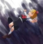  1girl :o blonde_hair blouse brown_shoes darkness hair_ribbon outstretched_arms ribbon rumia short_hair skirt spread_arms tears touhou vest yellow_eyes 