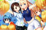  2014_fifa_world_cup 4girls blonde_hair blue_eyes blue_hair breasts brown_eyes brown_hair highres jersey kaho_okashii kirisaki_chitoge multiple_girls nisekoi onodera_kosaki pom_poms red_eyes soccer_uniform sportswear tachibana_marika tagme tsugumi_seishirou world_cup 