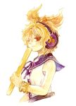  1girl blonde_hair brown_eyes head_wings rod_of_remorse shiroma_(mamiko) short_hair sleeves solo touhou wavy_hair white_background wink 