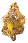  1girl armor armored_dress bespin blonde_hair blue_eyes boots dress drill_hair earrings fantasy gloves hat highres jewelry long_hair original pointy_ears revision simple_background smile solo twin_drills very_long_hair white_background yellow_dress 