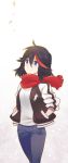  1girl ahoge black_hair casual denim hands_in_pockets highlights highres hisagi-y4 jeans kill_la_kill matoi_ryuuko multicolored_hair red_scarf scarf smile solo spoilers track_jacket 