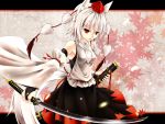  1girl animal_ears bare_shoulders breasts detached_sleeves hat highres inubashiri_momiji inyuppo katana looking_at_viewer pom_pom_(clothes) red_eyes short_hair silver_hair skirt solo sword sword_bag tail tokin_hat touhou weapon wolf_ears 