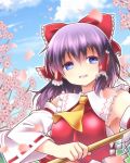  1girl ascot blue_sky bow cherry_blossoms clouds detached_sleeves dress gohei hair_bow hair_tubes hakurei_reimu looking_at_viewer open_mouth purple_hair red_dress satou_yuuki sky smile solo touhou tree violet_eyes wide_sleeves 