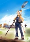  1girl :&lt; animal_ears blue_eyes carrying doraeshi final_fantasy final_fantasy_xi fishing fishing_rod gloves goblin_(final_fantasy) hat highres mithra musical_note neckerchief no_shirt overalls pitchfork short_hair sky straw_hat tail white_hair 