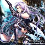  .hack// 1girl 2012 armor axe boots brown_eyes chachie character_request copyright_name expressionless facial_mark gloves greaves guilty_dragon knee_boots kneeling long_hair polearm purple_hair solo tattoo watermark weapon web_address 