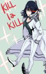  1girl black_hair blue_eyes breasts copyright_name cosplay hands_in_pockets highlights highres jewelry kill_la_kill long_coat multicolored_hair necklace pointy_shoes ribbed_sweater sanageyama_uzu sanageyama_uzu_(cosplay) short_hair smile solo spikes sweater yunkru 