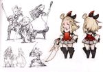  ahoge armor armored_dress blonde_hair boots bow bravely_default:_flying_fairy concept_art edea_lee elbow_pads family faulds fighting_stance gloves hair_bow knee_boots knee_pads long_hair official_art scan smile sword weapon yoshida_akihiko younger 