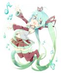  1girl aqua_eyes aqua_hair ayakashi_(monkeypanch) bare_shoulders boots detached_sleeves hatsune_miku headset highres long_hair looking_at_viewer musical_note necktie open_mouth skirt smile solo thigh-highs thigh_boots twintails very_long_hair vocaloid 