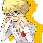  1boy artist_request blonde_hair blue_eyes flower glasses kuma_(persona_4) male open_mouth persona persona_4 rose short_hair solo 