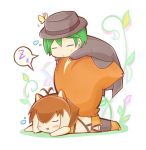  1boy 1girl animal_ears antenna_hair artist_request black_legwear blazblue brown_hair butterfly chibi closed_eyes fedora green_hair hat hazama makoto_nanaya multicolored_hair sleeping sleeping_on_person squirrel_ears squirrel_tail tail thigh-highs two-tone_hair 