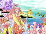  1boy 1girl :d akubi_to_ribbon bag blouse blush_stickers breasts cleavage closed_eyes copyright_name coral_reef dress earrings fish giantess hairband handbag hat innertube jewelry long_hair mermaid monkey_d_luffy monster_girl one_piece open_mouth pink_hair shirahoshi short_dress smile straw_hat tail water 