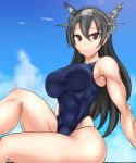  1girl abs black_hair brown_eyes competition_swimsuit hairband headgear kantai_collection long_hair nagato_(kantai_collection) one-piece_swimsuit personification swimsuit tomliat 