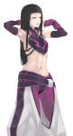  1girl alternate_hairstyle armpits black_hair elbow_gloves gloves hair_down han_juri jack_hamster long_hair navel simple_background solo street_fighter street_fighter_iv super_street_fighter_iv violet_eyes white_background 