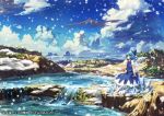  1girl benitama blue_dress blue_eyes blue_hair blue_sky bow cirno clouds dress hair_bow ice ice_wings looking_at_viewer rock shirt short_sleeves sky snowing solo touhou wings 