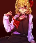 1girl ;) ascot bakuya blonde_hair blood blood_in_mouth blouse collarbone evil_grin evil_smile grin hair_ornament highres long_sleeves red_eyes rumia sharp_teeth simple_background sitting sketch skirt smile solo touhou vest wink 