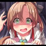  1girl akigumo_(kantai_collection) brown_hair green_eyes hair_ribbon highres kantai_collection kuromu_(underporno) looking_at_viewer open_mouth ponytail ribbon solo_focus wavy_mouth 