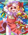  1girl alternate_hairstyle ascot blonde_hair blush bow chibi cosplay crystal dress fang fang_out flandre_scarlet four_of_a_kind_(touhou) hair_bow hair_ornament hair_ribbon hat hat_ribbon highres looking_at_viewer looking_over_shoulder microskirt miniskirt multiple_girls nose_blush nurse nurse_cap panties pantyhose police police_uniform policewoman ramutaizumu red_dress red_eyes remilia_scarlet ribbon shimakaze_(kantai_collection)_(cosplay) short_hair side_ponytail skirt skirt_lift skirt_pull skirt_set smiley_face solo solo_focus tears touhou translation_request twintails underwear uniform wings wristband yukkuri_shiteitte_ne 