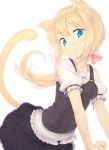  1girl animal_ears blonde_hair blue_eyes blush cat_ears cat_tail fang looking_at_viewer open_mouth original ponytail short_sleeves simple_background skirt solo tail white_background zizi_(zz22) 