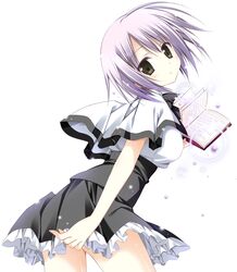  1girl book brown_eyes dress firill_crest from_behind head_tilt holding juuoumujin_no_fafnir korie_riko lavender_hair looking_back official_art short_hair simple_background solo 