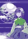  1girl full_moon green_eyes hieda_no_akyuu kikuichimonji monochrome moon short_hair sitting skirt sleeves_past_wrists solo spot_color touhou 