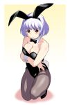  1girl animal_ears bare_shoulders black_legwear blush bowtie breasts brown_eyes bunny_girl bunny_tail bunnysuit cleavage detached_collar kouda_tomohiro large_breasts looking_at_viewer pantyhose rabbit_ears short_hair silver_hair solo tail tonari_no_seki-kun wrist_cuffs yokoi_rumi 