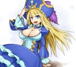  1girl awilda_(p&amp;d) blonde_hair blue_dress blue_eyes breasts cleavage dress hat large_breasts long_hair memento_vivi open_mouth pirate_hat puzzle_&amp;_dragons smile solo 