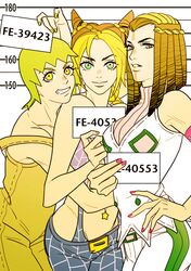  blonde_hair brown_hair double_bun foo_fighters ginmu green_eyes green_hair hairlocs hermes_costello jojo_no_kimyou_na_bouken kuujou_jolyne lineup overalls short_hair yellow_eyes 