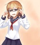  1girl adjusting_glasses black-framed_glasses blush brown_eyes brown_hair glasses hair_ornament hairclip highres ikazuchi_(kantai_collection) kantai_collection kurehon_shouya long_sleeves open_mouth personification school_uniform serafuku short_hair skirt 