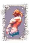  1boy abs blonde_hair border dio_brando hakumai_(sse1331) jojo_no_kimyou_na_bouken leaf licking_lips looking_at_viewer male mullet muscle shirtless solo tongue tongue_out vines wrist_cuffs 
