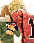  1boy 1girl anezaki_mamori blonde_hair blue_eyes brown_hair eyeshield_21 football_helmet football_uniform helmet hiruma_youichi hug short_hair sportswear tears ueda-pix 