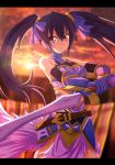  armor black_hair choujigen_game_neptune highres noire red_eyes solo sunset sword tsunako weapon 