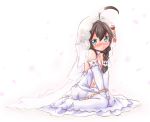  1girl ahoge bare_shoulders blue_eyes blush braid breasts bridal_veil brown_hair choker cleavage collarbone dress elbow_gloves gloves highres kanon_(kurogane_knights) kantai_collection navel navel_cutout petals seiza shigure_(kantai_collection) simple_background sitting smile solo veil wedding_dress 