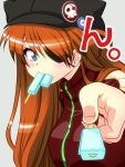  1girl animal_hat blue_eyes blush brown_hair cat_hat evangelion:_3.0_you_can_(not)_redo eyepatch hat highres ibuki_rinji jacket long_hair mouth_hold neon_genesis_evangelion popsicle rebuild_of_evangelion shikinami_asuka_langley solo souryuu_asuka_langley 