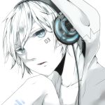  1boy blue_eyes facial_tattoo headphones hoodie i.s-a monochrome original solo spot_color tattoo 
