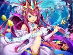  1girl bare_shoulders baton_(instrument) blue_eyes bracelet breasts elbow_gloves fish frills gloves headdress jewelry long_hair mermaid monster_girl musical_note navel open_mouth pn2_maru purple_hair puzzle_&amp;_dragons siren_(p&amp;d) smile solo tail underwater 