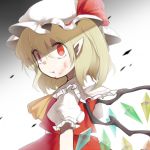 1girl blonde_hair blood blood_from_mouth bruise empty_eyes flandre_scarlet injury lotosu mob_cap pointy_ears red_eyes short_hair side_ponytail touhou wings 
