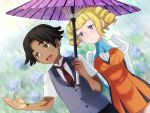  1boy 1girl :&lt; black_hair blush blush_stickers brown_eyes dark_skin dress drill_hair gundam gundam_build_fighters hairlocs nils_nielsen open_mouth short_hair smile umbrella yajima_caroline 