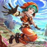  .hack// .hack//tasogare_no_udewa_densetsu 1boy 2012 chachie copyright_name facial_mark flower gloves green_eyes green_hair guilty_dragon hat kunisaki_shugo male pants running shoes sky smile solo tattoo watermark web_address 