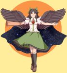  1girl arm_cannon bird_wings black_hair black_wings bow brown_eyes cape frilled_skirt frills hair_bow long_hair mefomefo outstretched_arms reiuji_utsuho shirt skirt smile spread_arms third_eye touhou weapon wings 